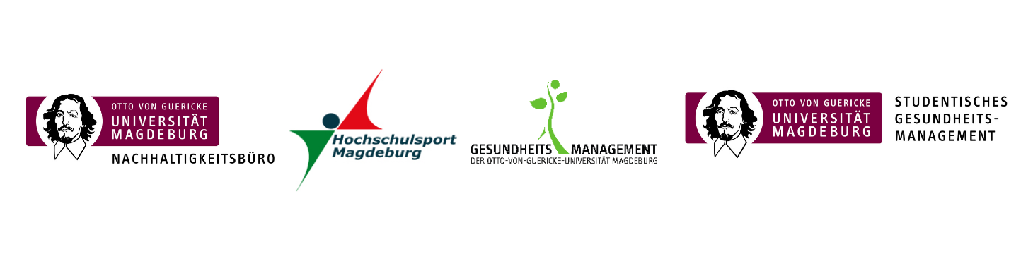 Banner Logos Nachhaltigkeitsbüro, Hochschulsport, Betriebliches Gesundheitsmanagement, Studentisches Gesundheitsmanagement